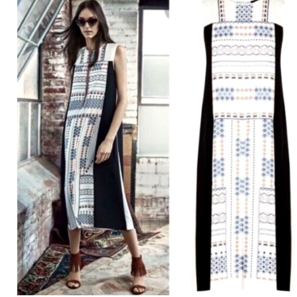 NWT BCBG MAX AZRIA BECKA BLOCK PRINT MIDI DRESS GARDENIA BCV60F05 SIZE XS